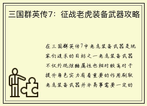 三国群英传7：征战老虎装备武器攻略
